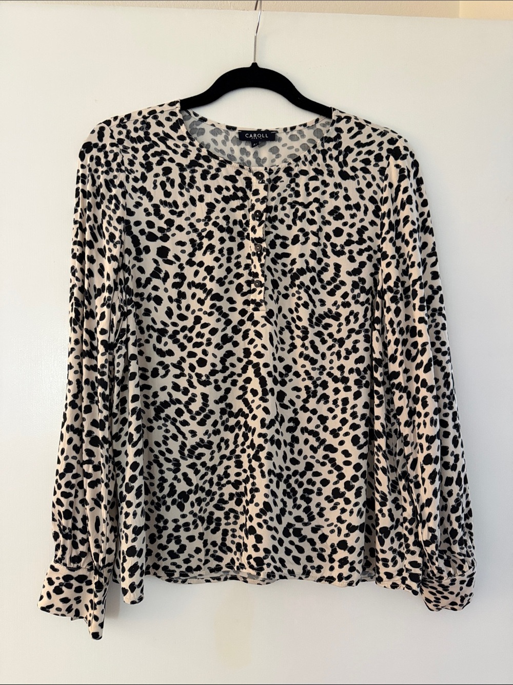 Caroll Paris Printed Blouse Size 42 (US 10) Black & Ivory Long Sleeve French
